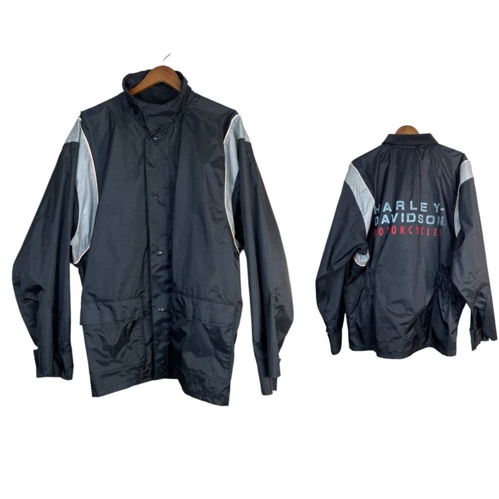 Harley Davidson Rain Jacket Mens Medium Black Nylon Spell Out Motorcycles Zip Up